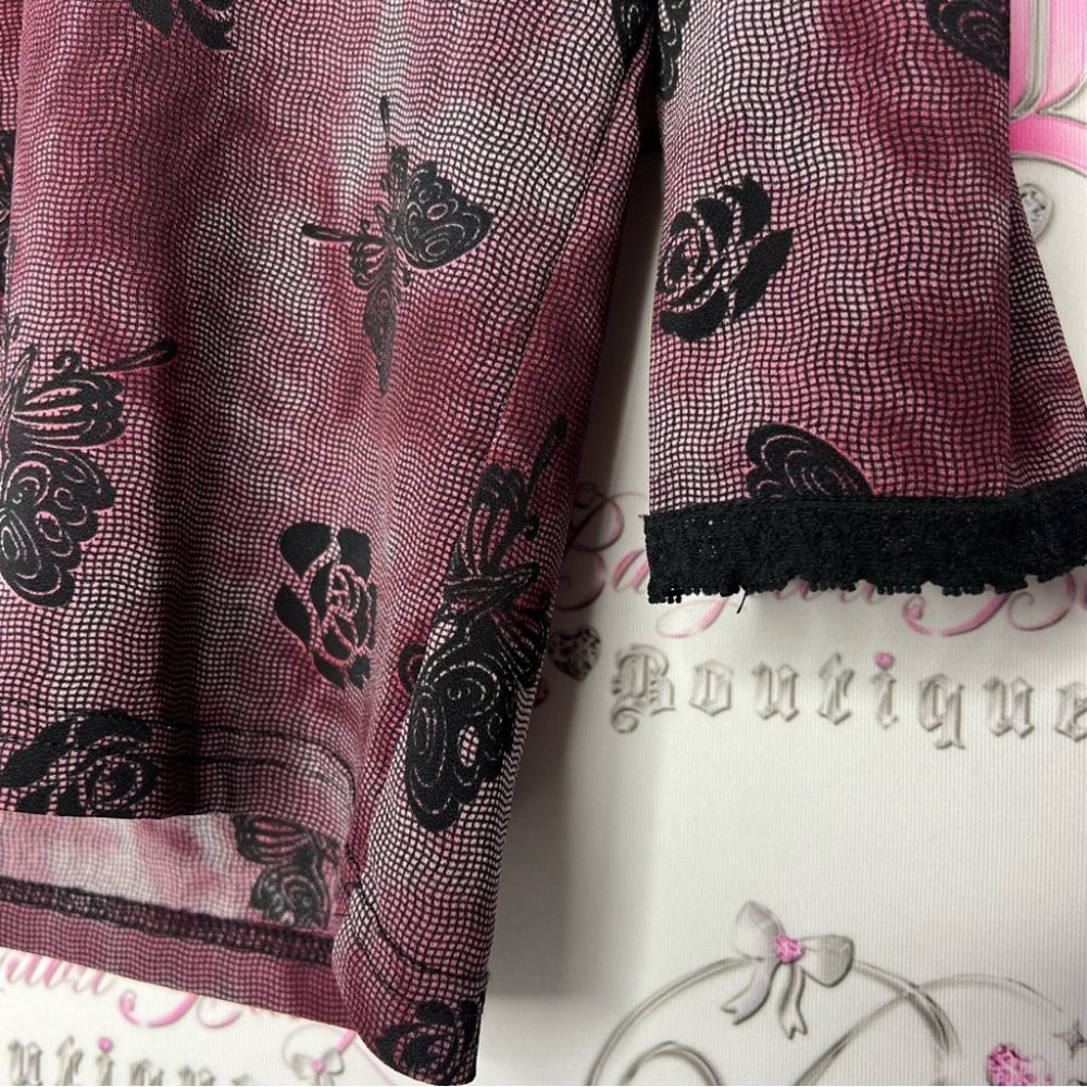 Butterfly roses shirt stretchy y2k lace trim black and red goth punk fairy y2k - Picture 3 of 7